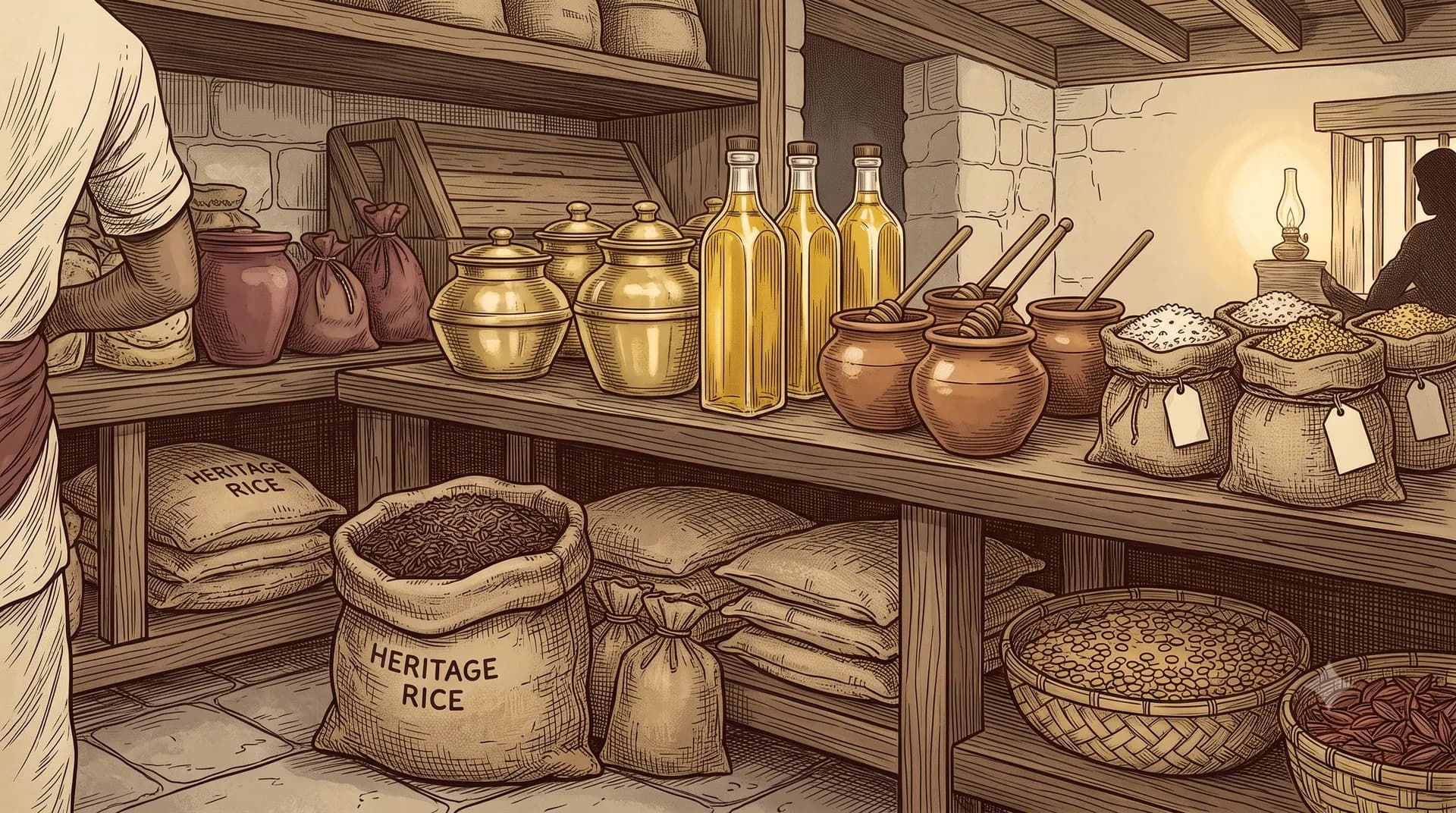 The farm-direct staples shelf — ghee, cold-pressed oils, honey and heritage grains